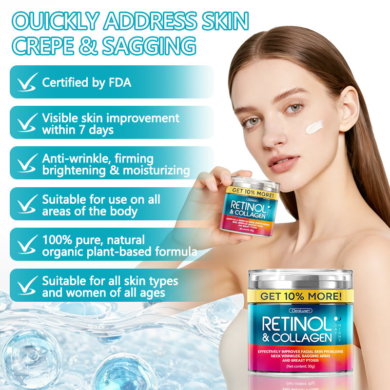 CleraLuxe® Anti-Aging Retinol Serum Cream promotes collagen production, firms and reduces wrinkles, effectively fades dark spots, and revitalizes the skin.