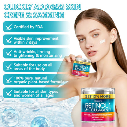 CleraLuxe® Anti-Aging Retinol Serum Cream promotes collagen production, firms and reduces wrinkles, effectively fades dark spots, and revitalizes the skin.