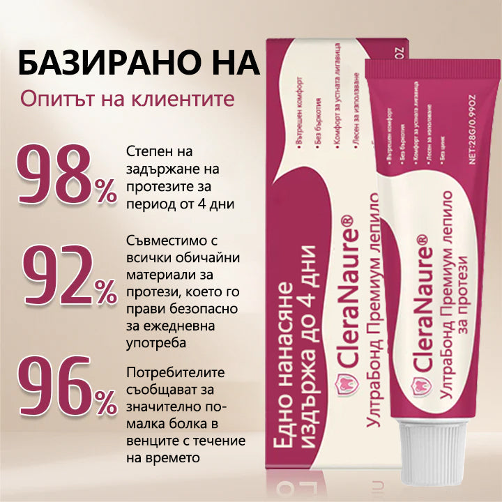 CleraNaure® UltraBond Premium лепило за протези  Клинично доказано 4-дневно залепване за сигурно, удобно и безцинково закрепване на протези 🎁
